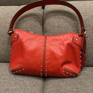 Red Studded Leather Shoulder Bag